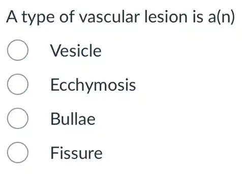 A type of vascular lesion is a(n)
Vesicle
Ecchymosis
Bullae
Fissure