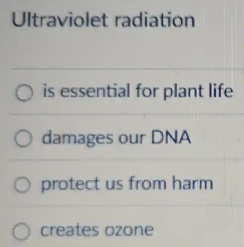 Ultraviolet radiation
is essential for plant life
damages our DNA
protect us from harm
creates ozone