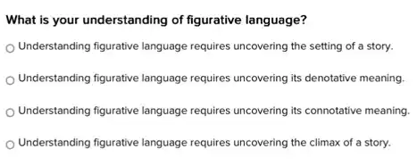 What is your understanding of figurative language?
Understanding figurative language requires uncovering the setting of a story.
Understanding figurative language requires uncovering its denotative meaning.
Understanding figurative language requires uncovering its connotative meaning.
Understanding figurative language requires uncovering the climax of a story.