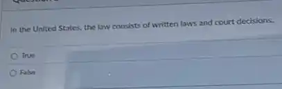 In the United States the law consists of written laws and court decisions.
True
False