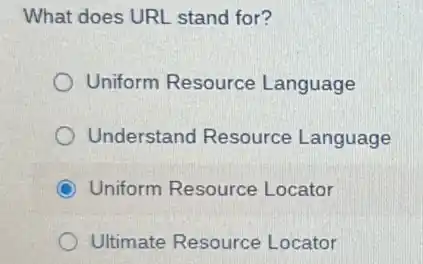 What does URL stand for?
Uniform Resource Language
Understand Resource Language
Uniform Resource Locator
Ultimate Resource Locator