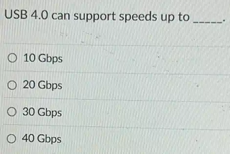 USB 4.0 can support speeds up to __
10 Gbps
20 Gbps
30 Gbps
40 Gbps