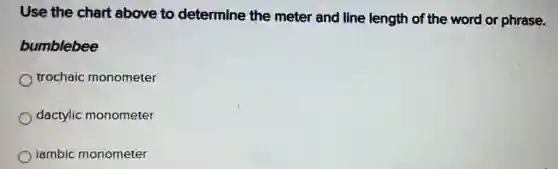 Use the chart above to determine the meter and line length of the word or phrase.
bumblebee
trochaic monometer
dactylic monometer
iambic monometer