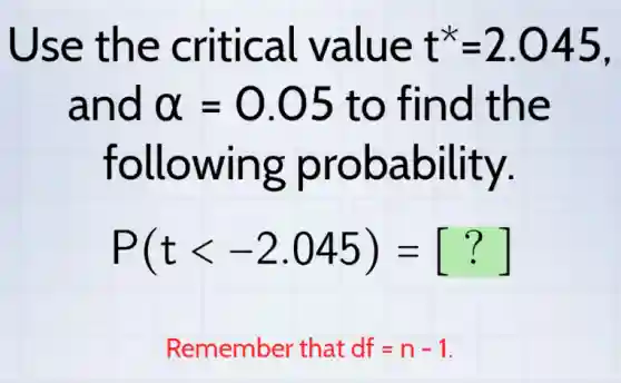 Use the critical value t^ast =2.045
and alpha =0.05 to find the
following probability.
P(tlt -2.045)=[?]