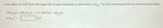 Use values of Delta G_(f)^circ from the appendix of your textbook to determine Delta G_(rtimes n)^circ for the following balanced chemical equation.
2NH_(3)(g)+2H_(2)O(g)arrow 2NO(g)+5H_(2)(g)
Delta G_(rxn)^circ =square kJ