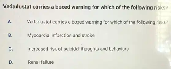 Vadadustat carries a boxed warning for which of the following risks?
A. Vadadustat carries a boxed warning for which of the following risks?
B.	Myocardial infarction and stroke
C.	Increased risk of suicidal thoughts and behaviors
D.	Renal failure