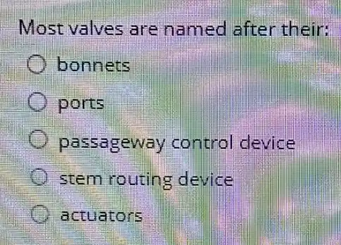 Most valves are named afte their:
bonnets
ports
passageway control device
stem routing device
actuators
