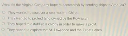 What did the Virginia Company hope to accomplish by sending ships to America?
They wanted to discover a sea route to China
They wanted to protect land owned by the Powhatan.
They hoped to establish a colony in order to make a profit.
They hoped to explore the St. Lawrence and the Great Lakes.