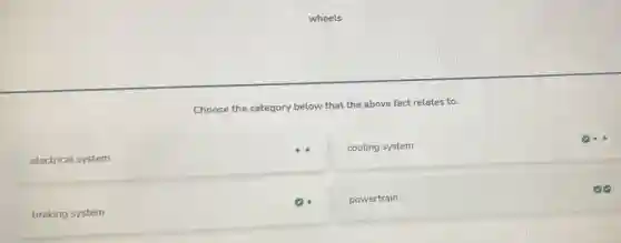 wheels
Choose the category below that the above fact relates to.
cooling system
electrical system
powertrain
braking system
