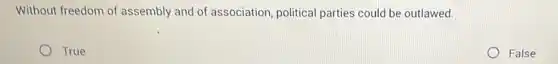 Without freedom of assembly and of association, political parties could be outlawed.
True
False