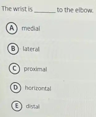 The wrist is __ to the elbow.
A medial
B lateral
C proximal
D horizontal
E distal