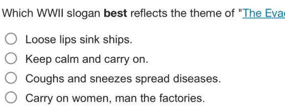 Which WWII slogan best reflects the theme of "The Eva
Loose lips sink ships.
Keep calm and carry on.
Coughs and sneezes spread diseases.
Carry on women, man the factories.