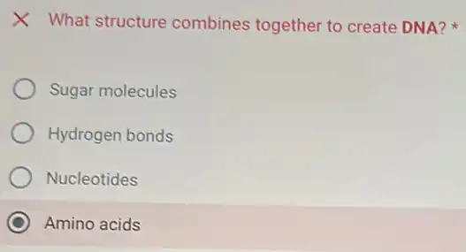 X What structure combines together to create DNA?
Sugar molecules
Hydrogen bonds
Nucleotides
C Amino acids