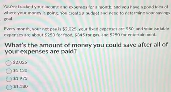 You've tracked your income and expenses for a month, and you have a good idea of
where your money is going. You create a budget and need to determine your savings
goal.
Every month, your net pay is 2,025 your fixed expenses are 50 and your variable
expenses are about 250 for food, 345 for gas, and 250 for entertainment.
What's the amount of money you could save after all of
your expenses are paid?
 2,025
 1,130
 1,975
 1,180