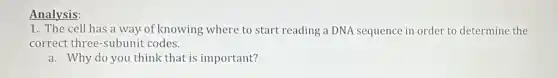 1. The cell has a way-of knowing where to start reading a DNA sequence in order to determine the
correct three-subunit codes.
a. Why do you think that is important?