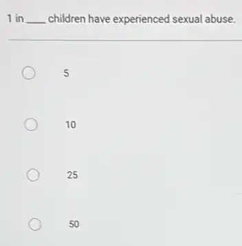 1 in __ children have experienced sexual abuse.
5
10
25
50