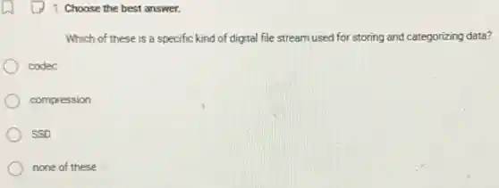 1. Choose the best answer.
Which of these is a specific kind of digital file stream used for storing and categorizing data?
codec
compression
SSD
none of these