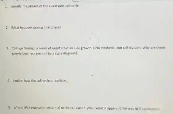 1. Identify the phases of the eukaryotic cell cycle.
2. What happens during interphase?
3. Cells go through a series of events that include growth, DNA synthesis and cell division. Why are these
events best represented by a cycle diagram?
4. Explain how the cell cycle is regulated.
5. Why is DNA replication essential to the cell cycle? What would happen if DNA was NOT replicated?