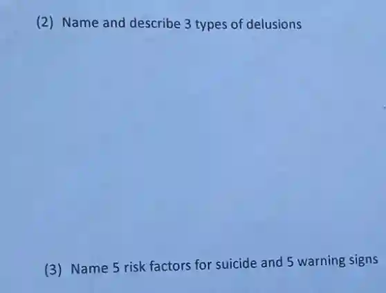(2) Name and describe 3 types of delusions
(3) Name 5 risk factors for suicide and 5 warning signs