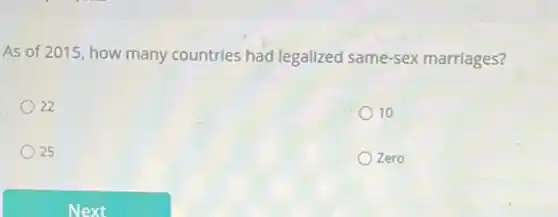As of 2015, how many countries had legalized same-sex marriages?
22
10
25
Zero
