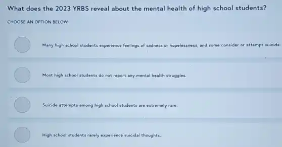 What does the 2023 YRBS reveal about the mental health of high school students?
CHOOSE AN OPTION BELOW
Many high school students experience feelings of sadness or hopelessness, and some consider or attempt suicide.
Most high school students do not report any mental health struggles.
Suicide attempts among high school students are extremely rare.
High school students rarely experience suicidal thoughts.