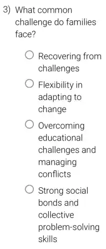 3) What common
challenge do families
face?
Recovering from
challenges
Flexibility in
adapting to
change
Overcoming
educational
challenges and
managing
conflicts
Strong social
bonds and
collective
