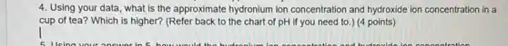 4. Using your data what is the approximate hydronium ion concentration and hydroxide ion concentration in a
cup of tea? Which is higher? (Refer back to the chart of pH if you need to.) (4 points)