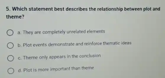 5. Which statement best describes the relationship between plot and
theme?
a. They are completely unrelated elements
b. Plot events demonstrate and reinforce thematic ideas
c. Theme only appears in the conclusion
d. Plot is more important than theme