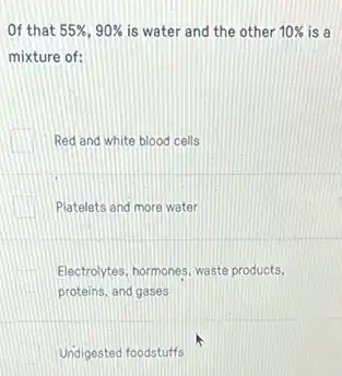 Of that 55% ,90% is water and the other 10% is a
mixture of:
Red and white blood cells
Platelets and more water
Electrolytes, hormones, waste products,
proteins, and gases
Undigested foodstuffs