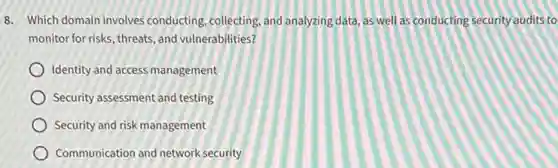 8. Which domain involves conducting, collecting, and analyzing data, as well as conducting security audits to
monitor for risks, threats and vulnerabilities?
Identity and access management
Security assessment and testing
Security and risk management
Communication and network security
