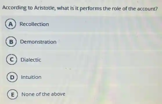 According to Aristotle what is it performs the role of the account?
A Recollection
B Demonstration
C Dialectic
D Intuition
E None of the above