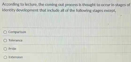 According to lecture, the coming out process is thought to occur in stages of
identity development that include all of the following stages except,
Comparison
Tolerance
Pride
Extension