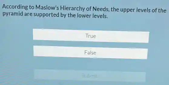 According to Maslow's Hierarchy of Needs, the upper levels of the
pyramid are supported by the lower levels.
True
False
Submit