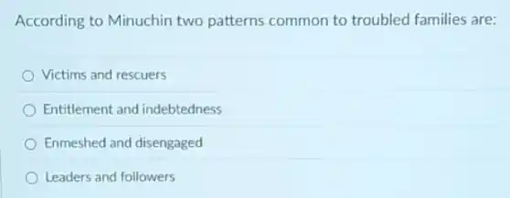According to Minuchin two patterns common to troubled families are:
Victims and rescuers
Entitlement and indebtedness
Enmeshed and disengaged
Leaders and followers