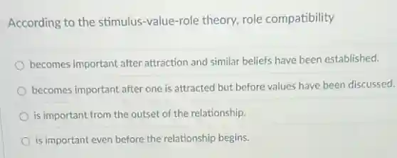 According to the stimulus -value-role theory, role compatibility
becomes important after attraction and similar beliefs have been established.
becomes important after one is attracted but before values have been discussed.
is important from the outset of the relationship.
is important even before the relationship begins.