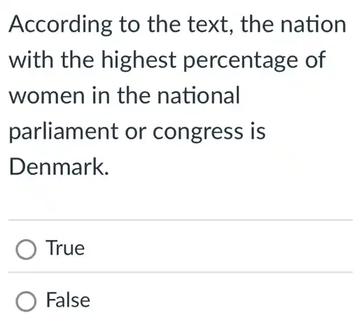 According to the text, the nation
with the highest percentage of
women in the national
parliament or congress is
Denmark.
True
) False
