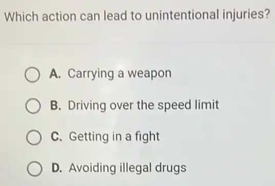 Which action can lead to unintentional injuries?
A. Carrying a weapon
B. Driving over the speed limit
C. Getting in a fight
D. Avoiding illegal drugs