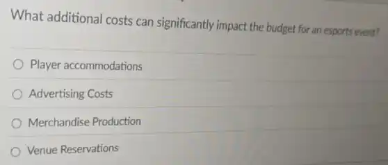 What additiona costs can significantly impact the budget for an esports event?
Player accommodations
Advertising Costs
Merchandise Production
Venue Reservations