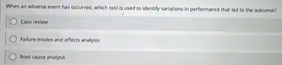 When an adverse event has occurred, which tool is used to identify variations in performance that led to the outcome?
Case review
Fallure modes and effects analysis
Root cause analysis