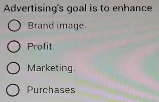 Advertising's goal is to enhance
Brand image.
Profit.
Marketing.
Purchases