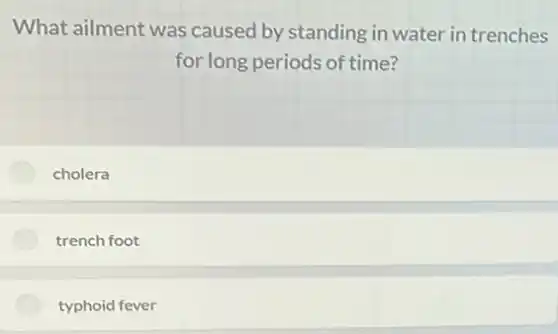 What ailment was caused by standing in water in trenches
for long periods of time?
cholera
trench foot
typhoid fever