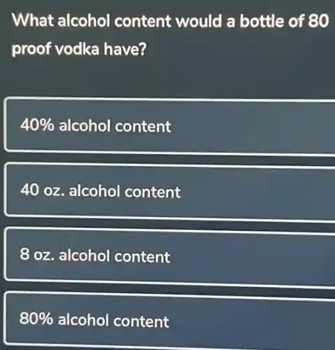 What alcohol content would a bottle of 80
proof vodka have?
40%  alcohol content
40 oz. alcohol content
8 oz. alcohol content
80%  alcohol content