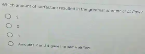 Which amount of surfactant resulted in the greatest amount of airflow?
2
4
Amounts 2 and 4 gave the same airflow.