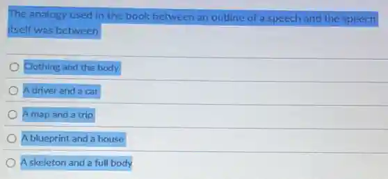 The analogy used in the book between an outline of a speech and the speech
itself was between
Clothing and the body
Adriver and a car
A map and a trip
A blueprint and a house
A skeleton and a full body