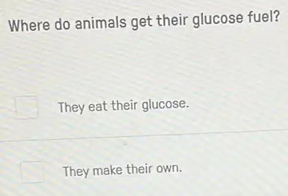 Where do animals get their glucose fuel?
They eat their glucose.
They make their own.