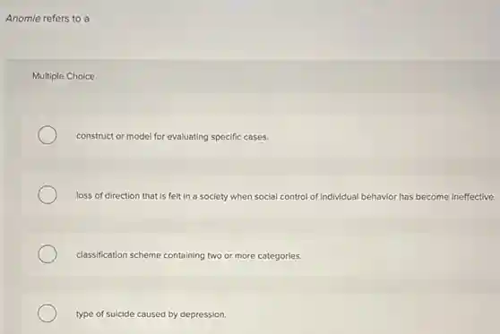 Anomie refers to a
Multiple Choice
construct or model for evaluating specific cases.
loss of direction that is felt in a society when social control of individual behavior has become ineffective.
classification scheme containing two or more categories.
type of suicide caused by depression.