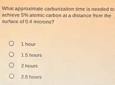 What approximate carburization time is needed to
achieve 5%  atomic carbon at a distance from the
surface of 0.4 microns?
1 hour
1.5 hours
2 hours
2.5 hours