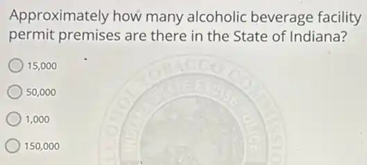 Approximately how many alcoholic beverage facility
permit premises are there in the State of Indiana?
15,000
50,000
1,000
150,000