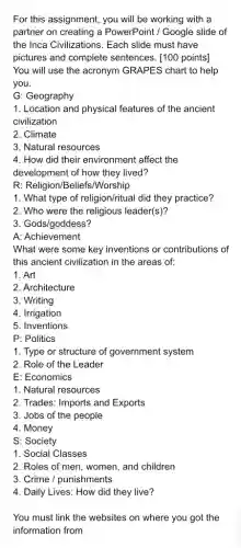 For this assignment, you will be working with a
partner on creating a PowerPoint / Google slide of
the Inca Civilizations. Each slide must have
pictures and complete sentences. [100 points]
You will use the acronym GRAPES chart to help
you.
G: Geography
1. Location and physical features of the ancient
civilization
2. Climate
3. Natural resources
4. How did their environment affect the
development of how they lived?
R: Religion/Beliefs/Worship
1. What type of religion/ritual did they practice?
2. Who were the religious leader(s)?
3. Gods/goddess?
A: Achievement
What were some key inventions or contributions of
this ancient civilization in the areas of:
1. Art
2. Architecture
3. Writing
4. Irrigation
5. Inventions
P: Politics
1. Type or structure of government system
2. Role of the Leader
E: Economics
1. Natural resources
2. Trades: Imports and Exports
3. Jobs of the people
4. Money
S: Society
1. Social Classes
2. Roles of men , women, and children
3. Crime / punishments
4. Daily Lives: How did they live?
You must link the websites on where you got the
information from