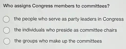 Who assigns Congress members to committees?
the people who serve as party leaders in Congress
the individuals who preside as committee chairs
the groups who make up the committees